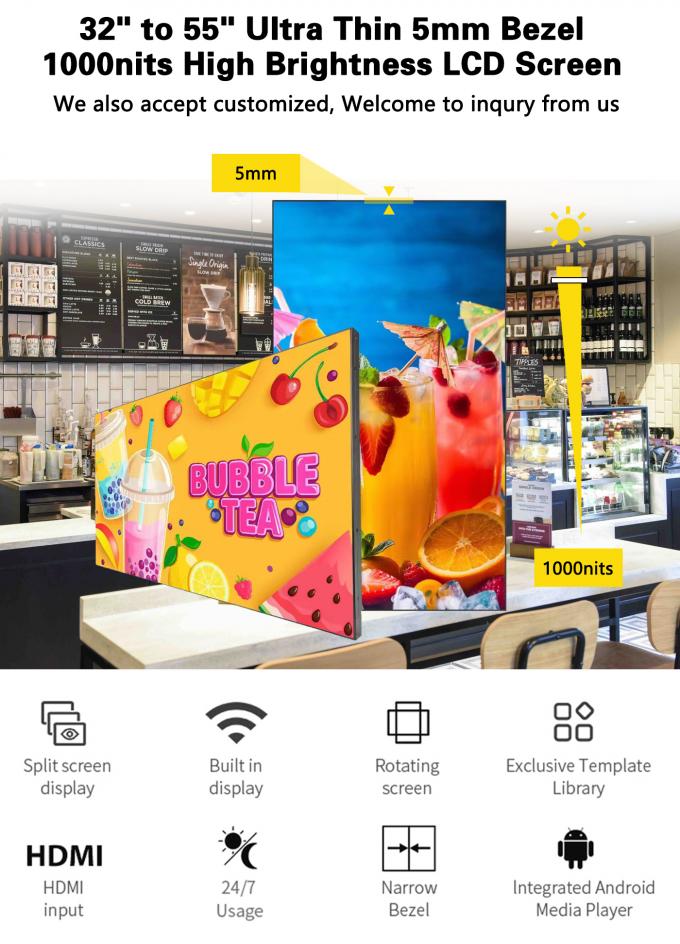 32~55 Zoll Super Slim WLAN Loop LCD Videowand 1000nit Spleiß für Einkaufszentren Wegweisung Digital Signage Bildschirmwand 0