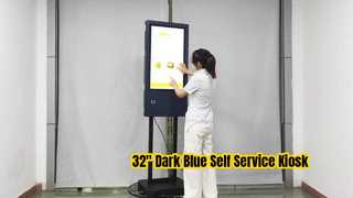 Dunkelblauer 32-Zoll-Selbstbedienungskiosk mit QR-Code-Scanner