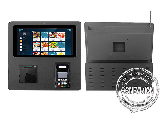 Schwarzer Wand-Berg-Selbstservice-Touch Screen Kiosk 15,6“ mit Positions-Halter und Thermal-Drucker