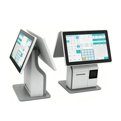 15,6-Zoll-Desktop-Einzel-/Doppelseiten-Selbstbedienungskiosk mit QR-BarCode-Scanner, 80-mm-Thermodrucker und NFC